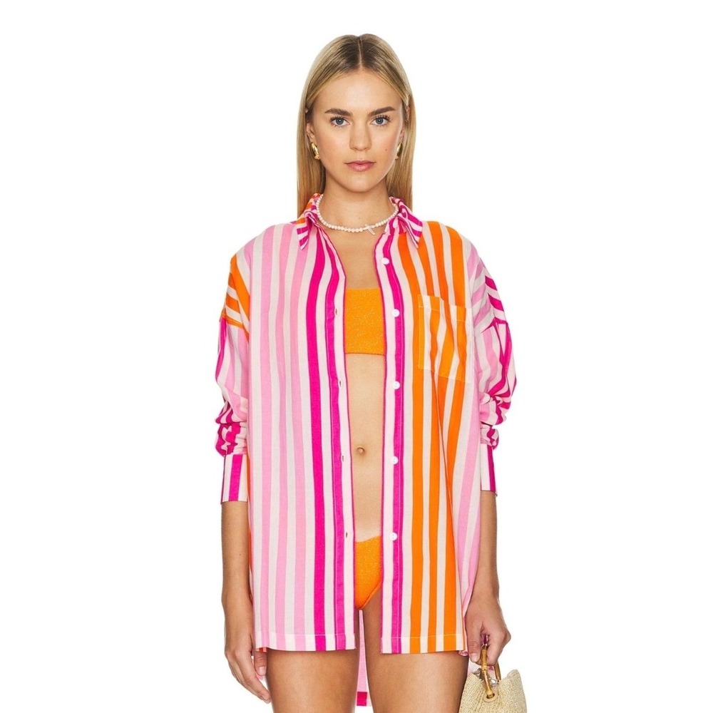 BEACH RIOT Alexa Top Sunset Stripe Pink Orange Coastal Resort Button Down S/M